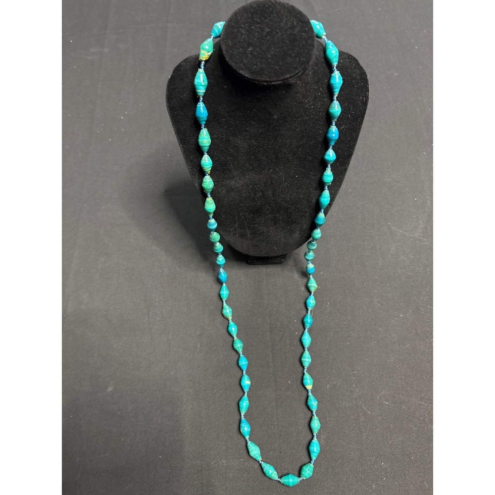 Handmade Teal Paper Bead Long Necklace Boho Artisanal Turquoise Glass Spacers